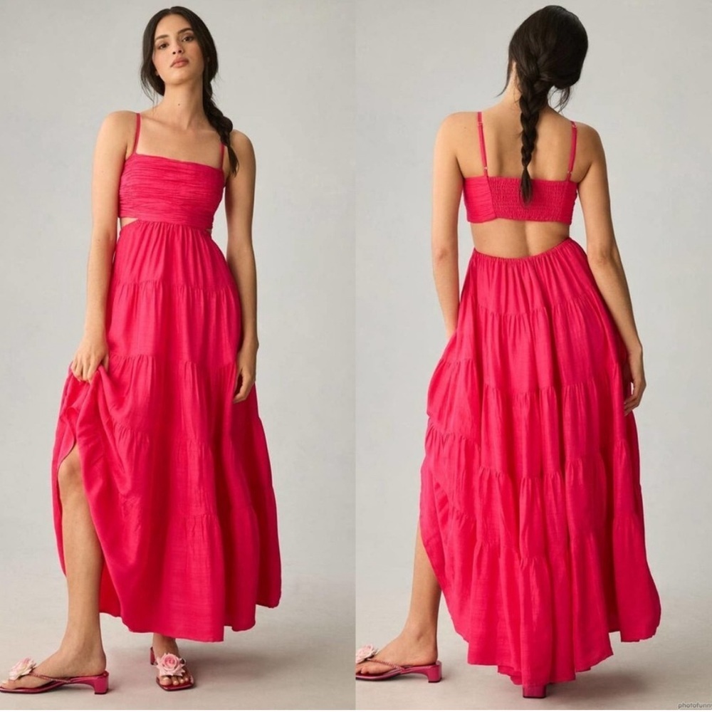 Anthropologie Let Me Be Cutout Tiered Dress‎ Open Back Maxi Hot Pink Extra-Small